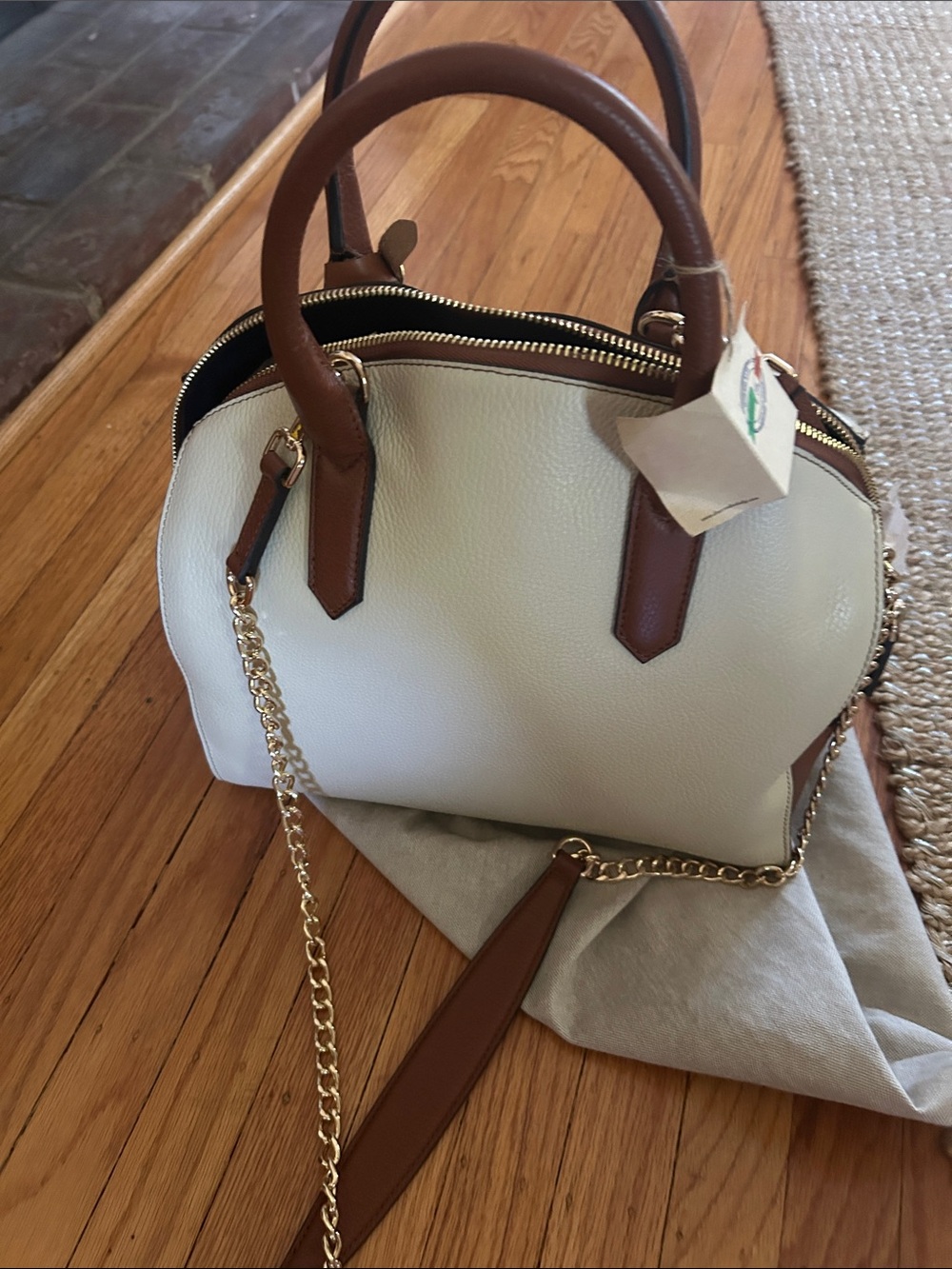 Made in Italy- Women's Two-Tone White and Brown Satchel Handbag